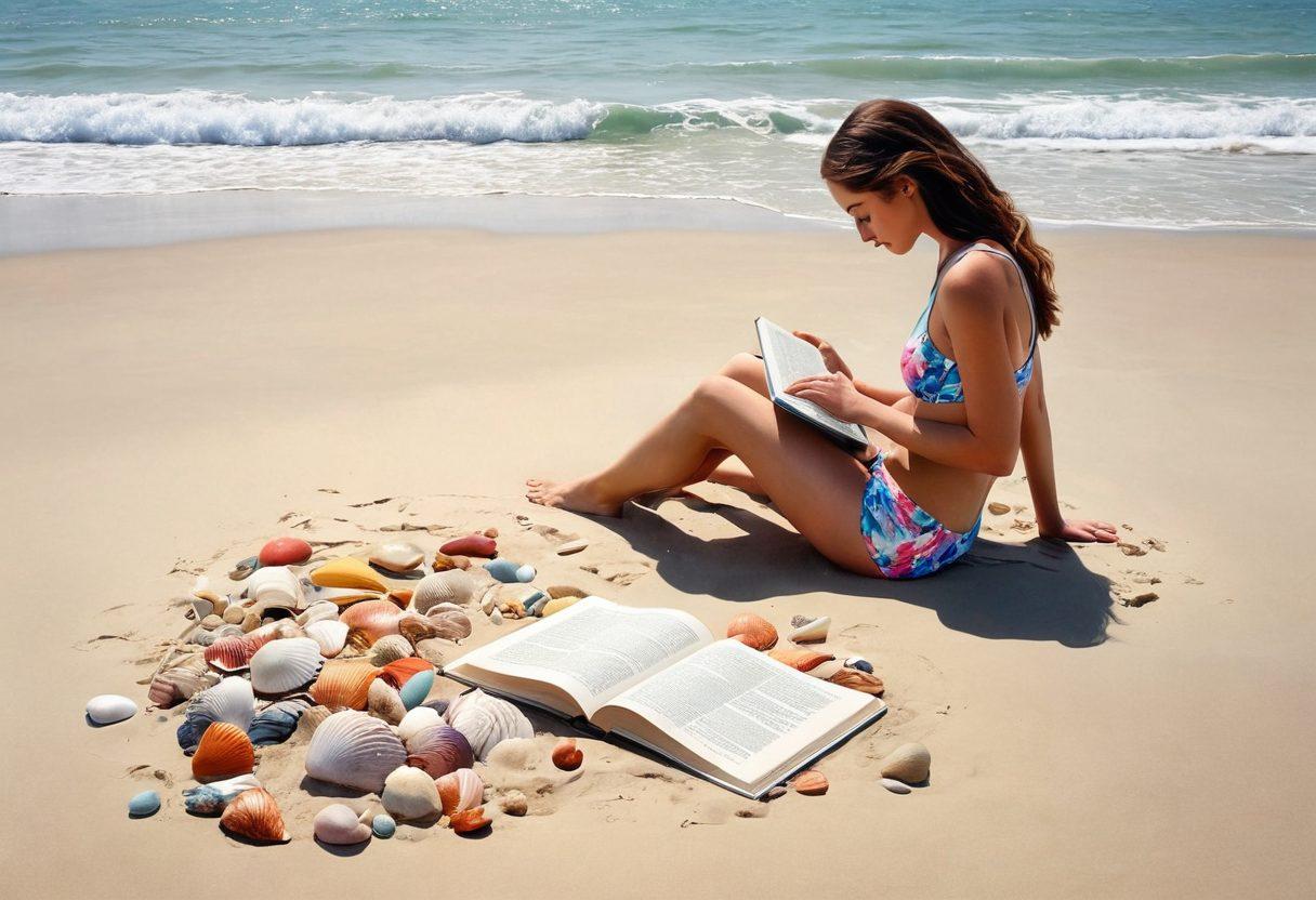 A serene beach setting with soft waves lapping at the shore under a cloudy sky, featuring a figure in colorful beachwear, sitting contemplatively on the sand. Surrounding the figure are scattered seashells and a partially buried book, suggesting introspection amid the melancholy. The overall mood is a blend of tranquility and subtle sadness, with muted pastel colors dominating the scene. watercolors, soft-focus, textured brushstrokes.