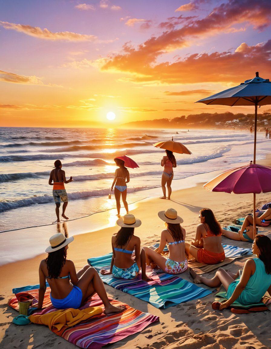 A serene beach scene with gentle waves lapping at the shore, featuring a diverse group of people in casual beach attire, such as colorful swimsuits, sun hats, and flip-flops, laughing and enjoying the sunshine. A vibrant sunset casts a warm glow over the scene, highlighting their carefree expressions. Beach towels and umbrellas add to the cheerful atmosphere. super-realistic. vibrant colors. warm tones.